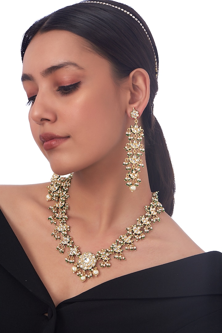 Gold Finish Kundan Polki Long Necklace Set by VASTRAA Jewellery at Pernia's Pop Up Shop