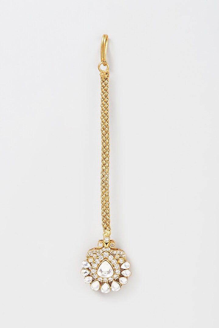 Gold Finish Kundan Polki Dangler Earrings With Maangtikka by VASTRAA Jewellery at Pernia's Pop Up Shop