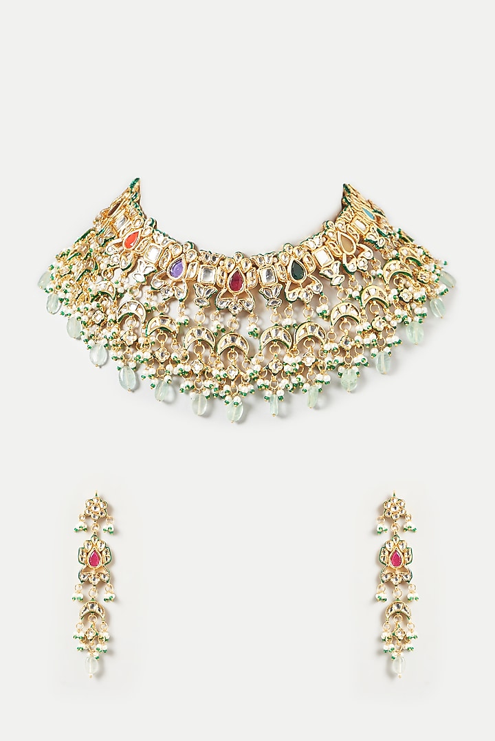 Gold Finish Kundan Polki & Multi-Colored Choker Necklace Set by VASTRAA Jewellery at Pernia's Pop Up Shop