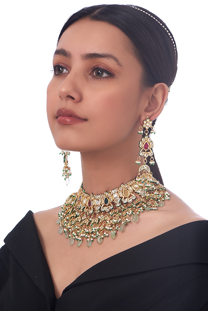 Gold Finish Kundan Polki & Multi-Colored Choker Necklace Set by VASTRAA Jewellery at Pernia's Pop Up Shop