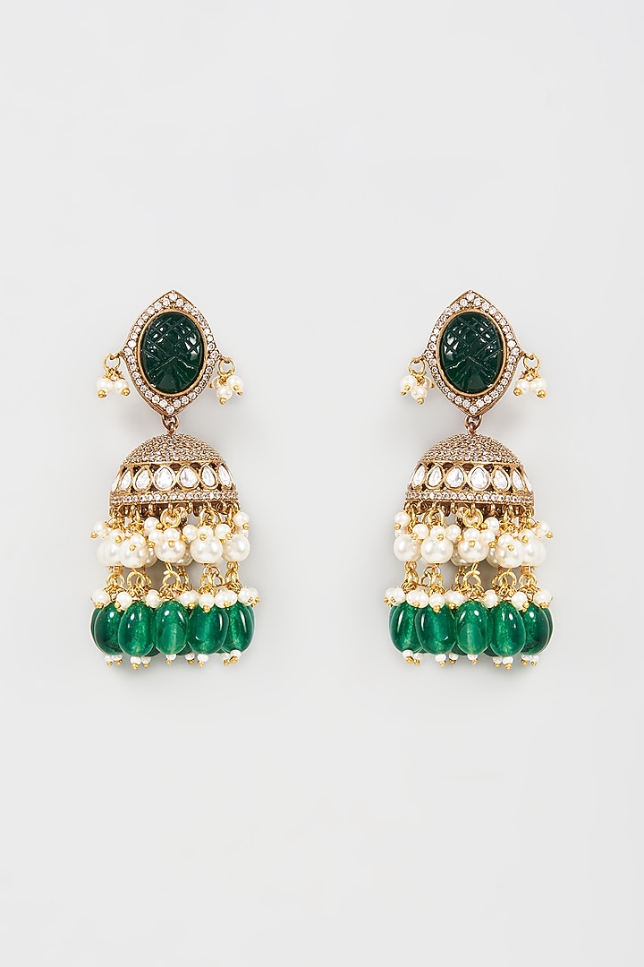 Gold Finish Kundan Polki & Synthetic Emerald Stone Dangler Earrings by VASTRAA Jewellery at Pernia's Pop Up Shop