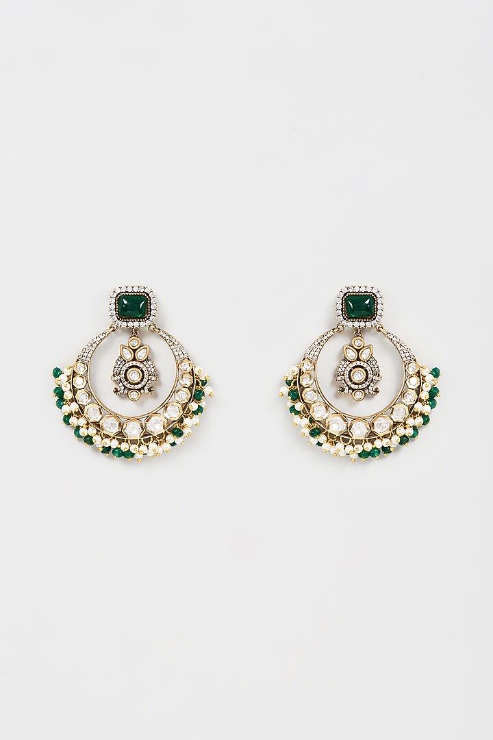 Gold Finish Kundan Polki & Pearl Chandbaali Earrings by VASTRAA Jewellery at Pernia's Pop Up Shop