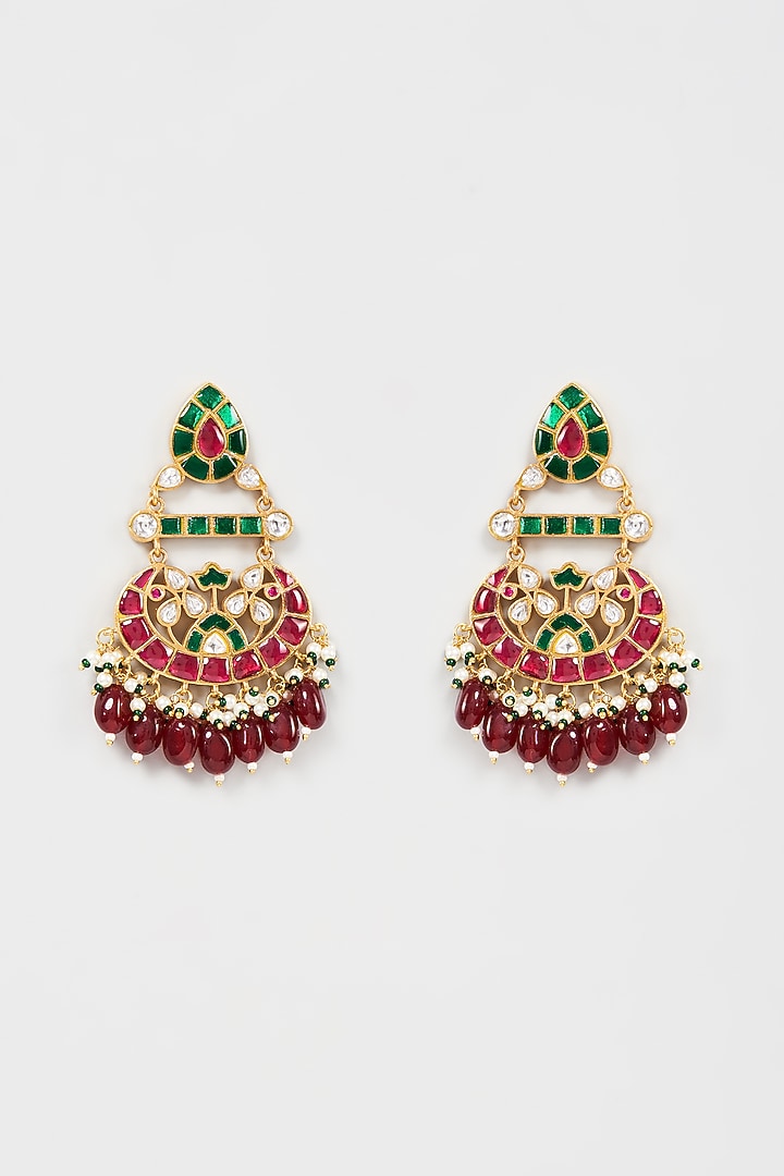 Gold Finish Kundan Polki & Synthetic Ruby Stone Dangler Earrings by VASTRAA Jewellery at Pernia's Pop Up Shop