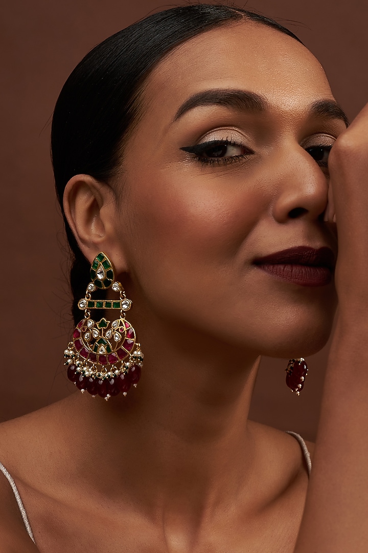 Gold Finish Kundan Polki & Synthetic Ruby Stone Dangler Earrings by VASTRAA Jewellery at Pernia's Pop Up Shop