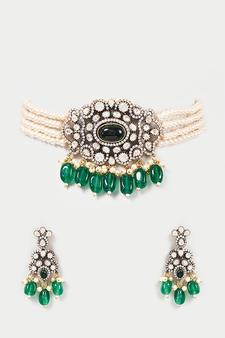Black Rhodium Finish Synthetic Emerald Stone Choker Necklace Set by VASTRAA Jewellery at Pernia's Pop Up Shop