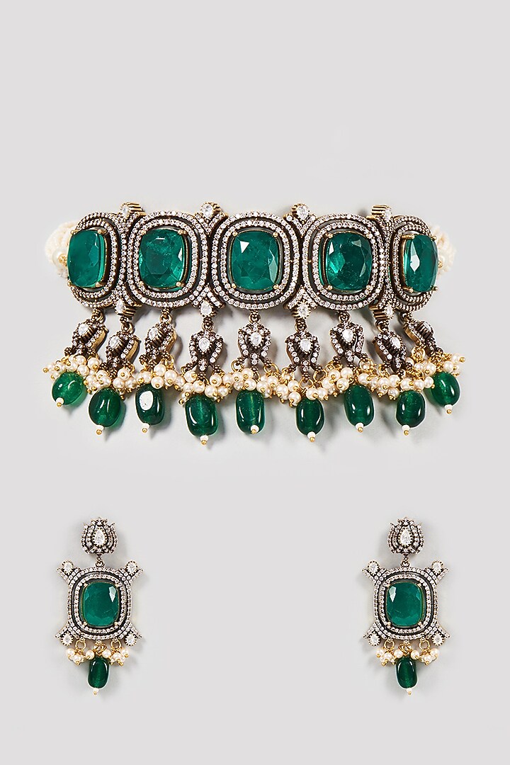 Black Rhodium Finish Synthetic Emerald Stone Choker Necklace Set by VASTRAA Jewellery at Pernia's Pop Up Shop