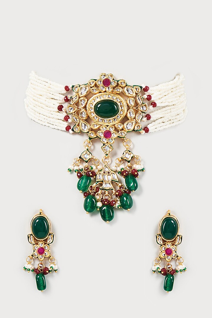 Gold Finish Kundan Polki & Beaded Choker Necklace Set by VASTRAA Jewellery at Pernia's Pop Up Shop