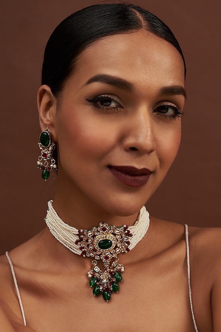 Gold Finish Kundan Polki & Beaded Choker Necklace Set by VASTRAA Jewellery