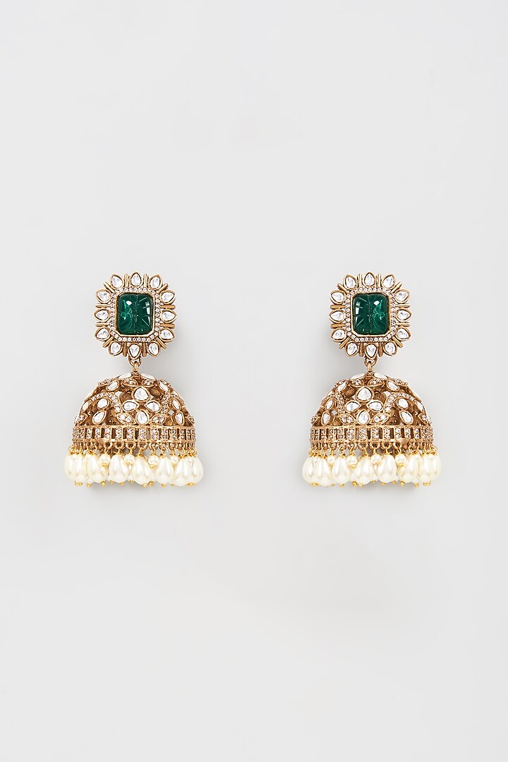 Gold Finish Kundan Polki & Pearl Dangler Earrings by VASTRAA Jewellery at Pernia's Pop Up Shop