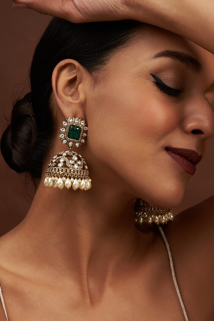 Gold Finish Kundan Polki & Pearl Dangler Earrings by VASTRAA Jewellery at Pernia's Pop Up Shop