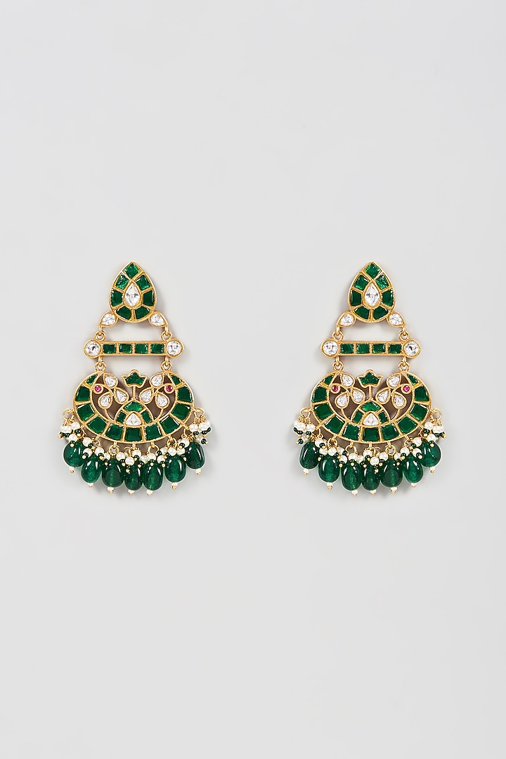 Gold Finish Kundan Polki & Synthetic Emerald Stone Dangler Earrings by VASTRAA Jewellery at Pernia's Pop Up Shop