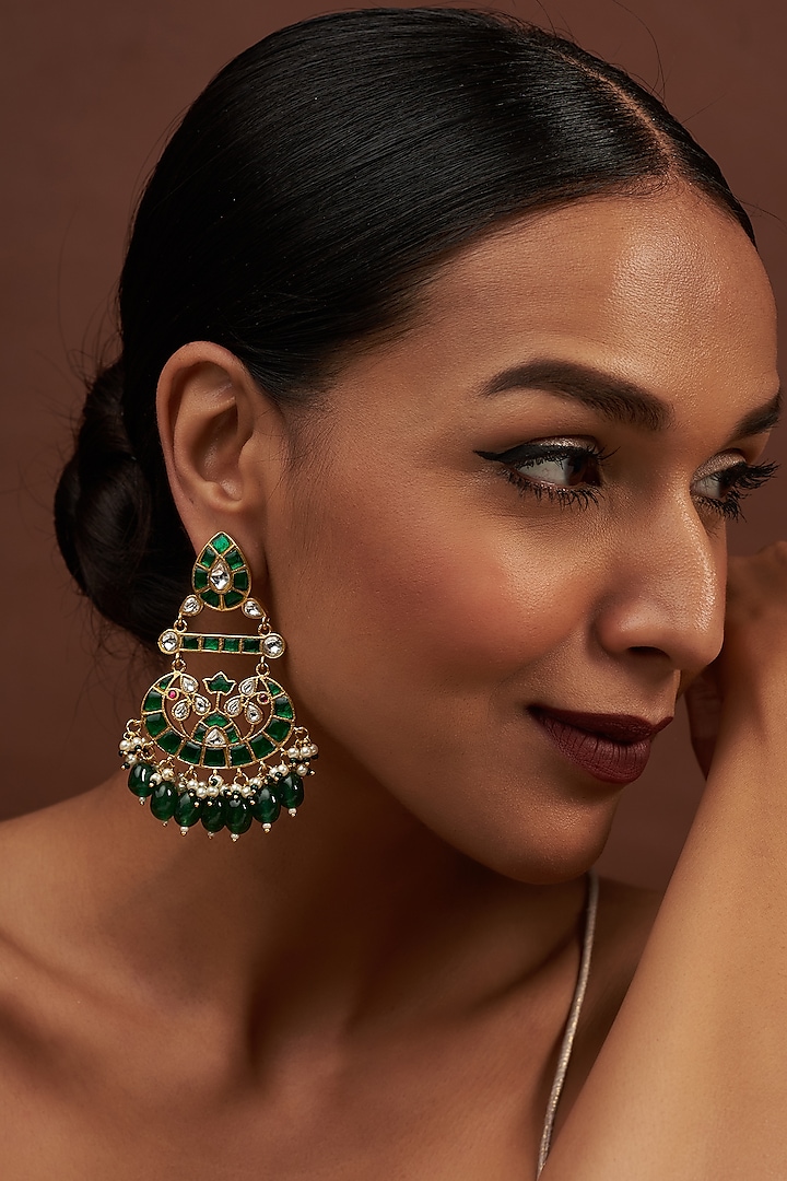 Gold Finish Kundan Polki & Synthetic Emerald Stone Dangler Earrings by VASTRAA Jewellery
