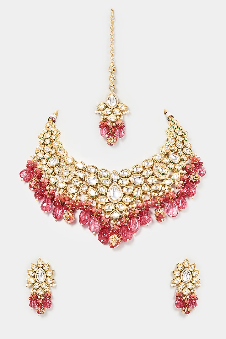 Gold Finish Kundan Polki & Multi-Colored Bead Choker Necklace Set by VASTRAA Jewellery at Pernia's Pop Up Shop