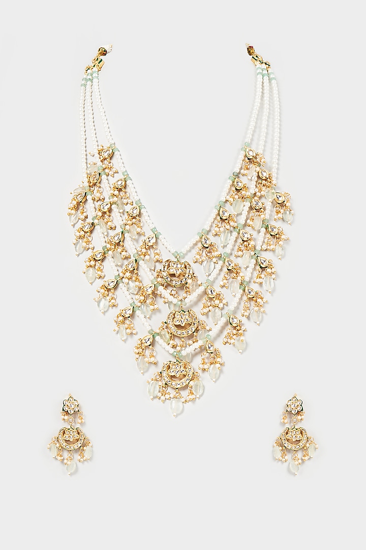 Gold Finish Kundan Polk & Pearl Long Necklace Set by VASTRAA Jewellery at Pernia's Pop Up Shop