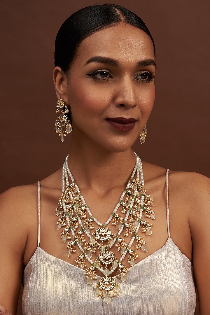 Gold Finish Kundan Polk & Pearl Long Necklace Set by VASTRAA Jewellery at Pernia's Pop Up Shop