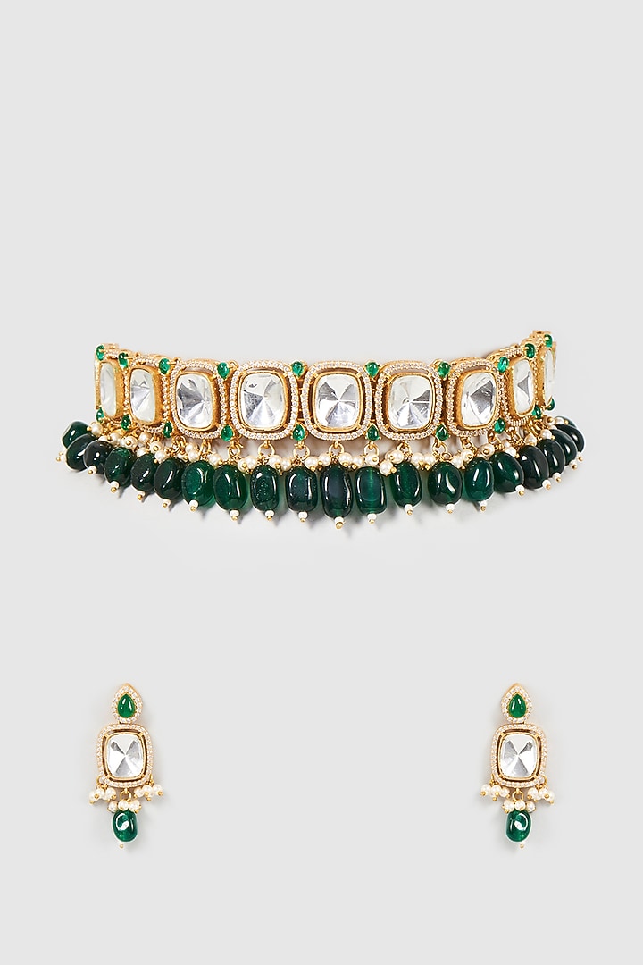 Gold Finish Kundan Polki & Green Beaded Choker Necklace Set by VASTRAA Jewellery at Pernia's Pop Up Shop