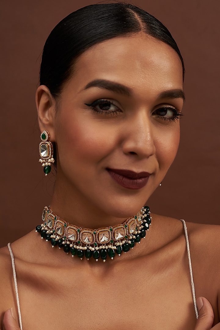 Gold Finish Kundan Polki & Green Beaded Choker Necklace Set by VASTRAA Jewellery