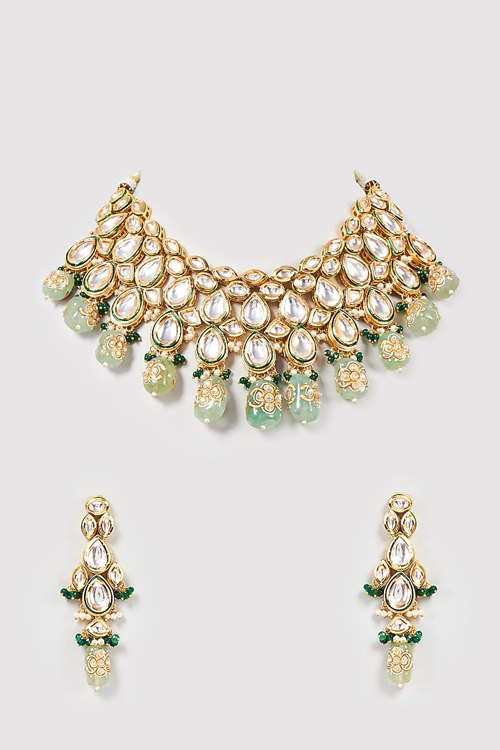Gold Finish Kundan Polki & Green Beaded Necklace Set by VASTRAA Jewellery at Pernia's Pop Up Shop