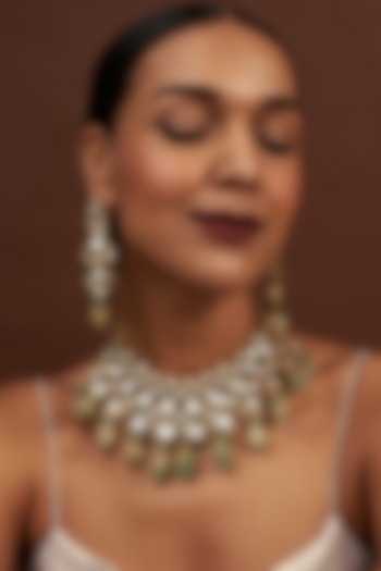 Gold Finish Kundan Polki & Green Beaded Necklace Set by VASTRAA Jewellery at Pernia's Pop Up Shop