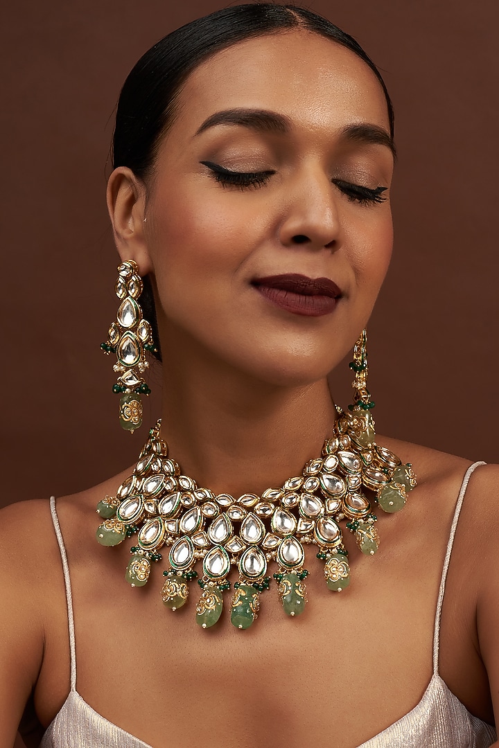 Gold Finish Kundan Polki & Green Beaded Necklace Set by VASTRAA Jewellery at Pernia's Pop Up Shop