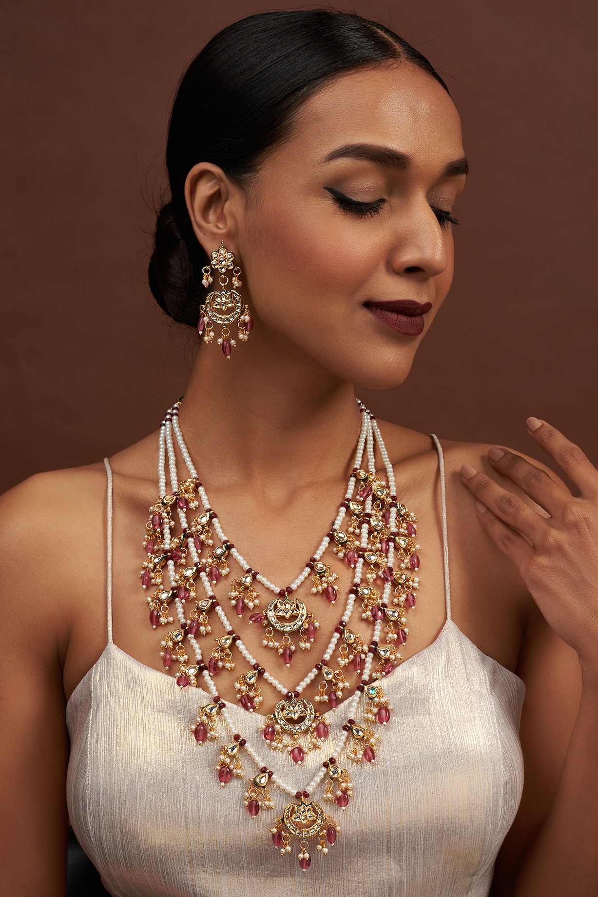 Gold Finish Kundan Polki Pearl Long Necklace Set by VASTRAA Jewellery at  Pernia's Pop Up Shop