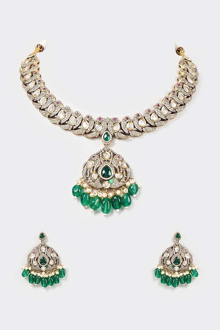 Two Tone Finish Kundan Polki & Green Beaded Necklace Set by VASTRAA Jewellery at Pernia's Pop Up Shop