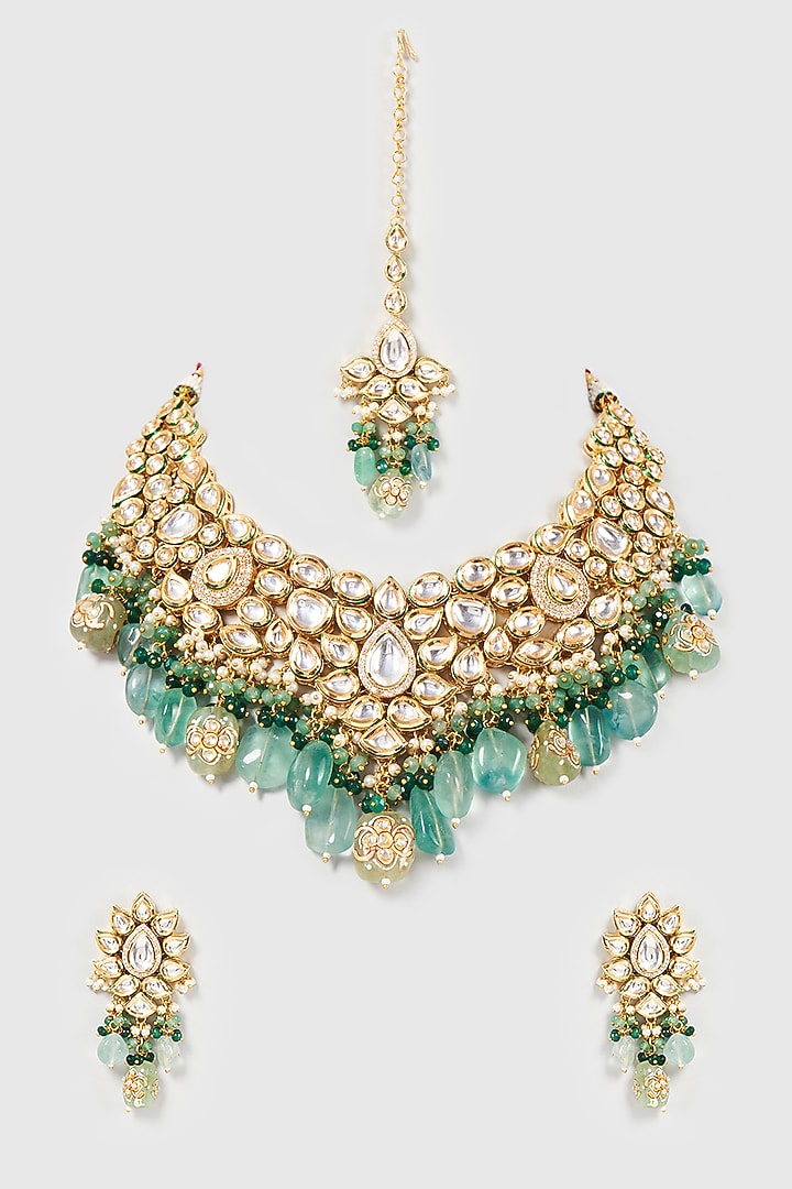 Gold Finish Kundan Polki & Green Beaded Necklace Set by VASTRAA Jewellery at Pernia's Pop Up Shop