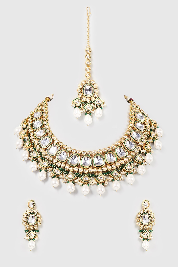 Gold Finish Kundan Polki & Pearl Choker Necklace Set by VASTRAA Jewellery at Pernia's Pop Up Shop