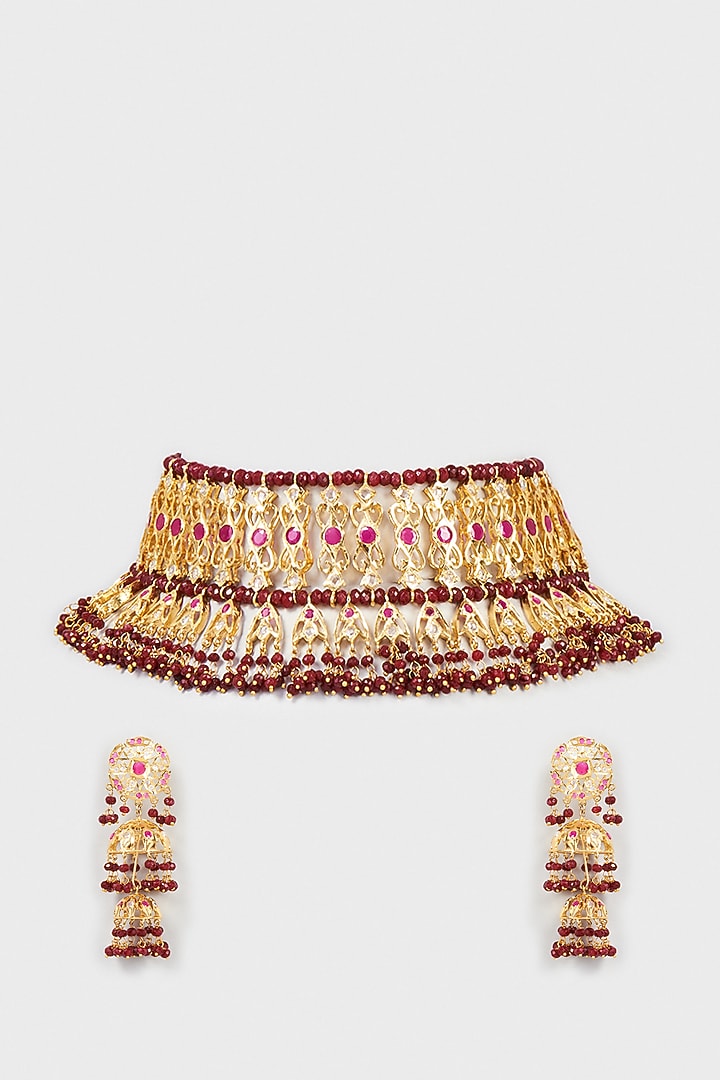 Gold Finish Kundan Polki & Red Synthetic Stone Choker Necklace Set by VASTRAA Jewellery at Pernia's Pop Up Shop