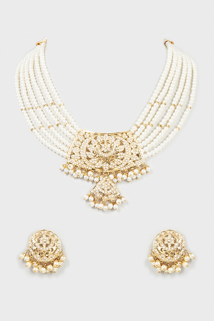 Gold Finish Kundan Polki & Pearl Choker Necklace Set by VASTRAA Jewellery at Pernia's Pop Up Shop