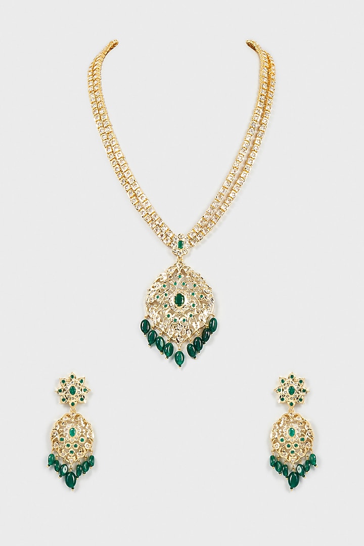 Gold Finish Kundan Polki & Green Synthetic Stone Long Necklace Set by VASTRAA Jewellery at Pernia's Pop Up Shop