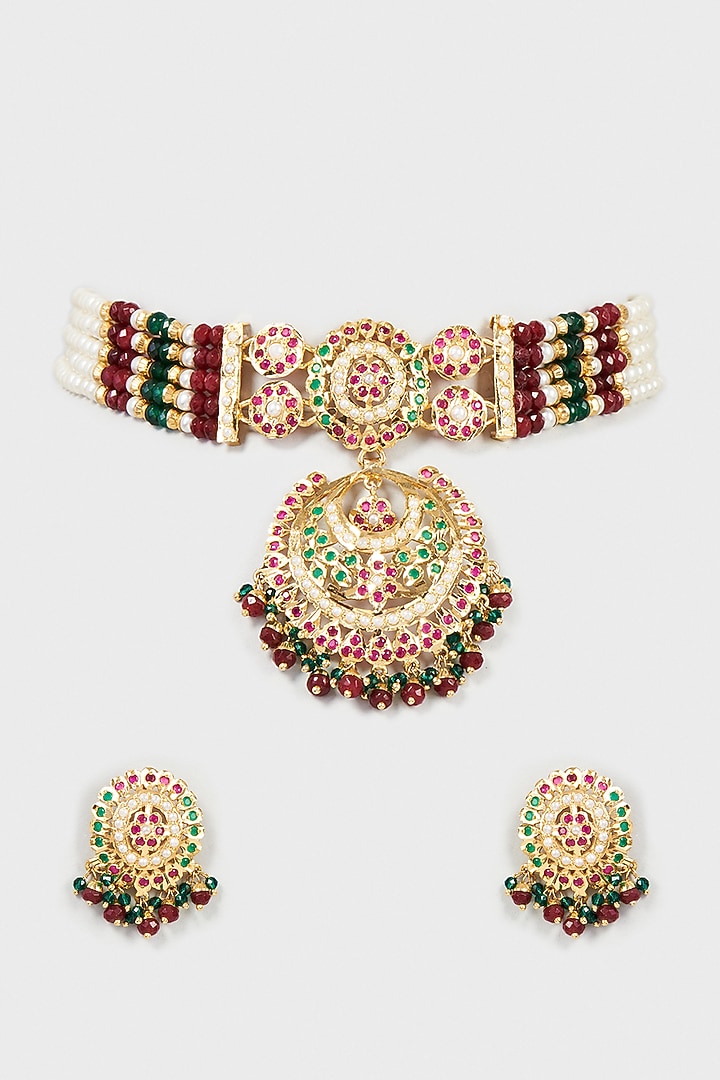 Gold Finish Kundan Polki & Pearl Choker Necklace Set by VASTRAA Jewellery at Pernia's Pop Up Shop