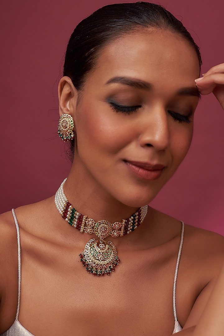 Gold Finish Kundan Polki & Pearl Choker Necklace Set by VASTRAA Jewellery at Pernia's Pop Up Shop