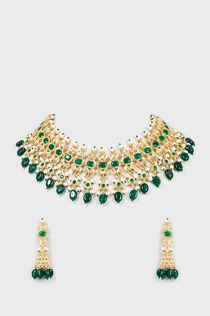 Gold Finish Kundan Polki & Green Synthetic Stone Choker Necklace Set by VASTRAA Jewellery at Pernia's Pop Up Shop
