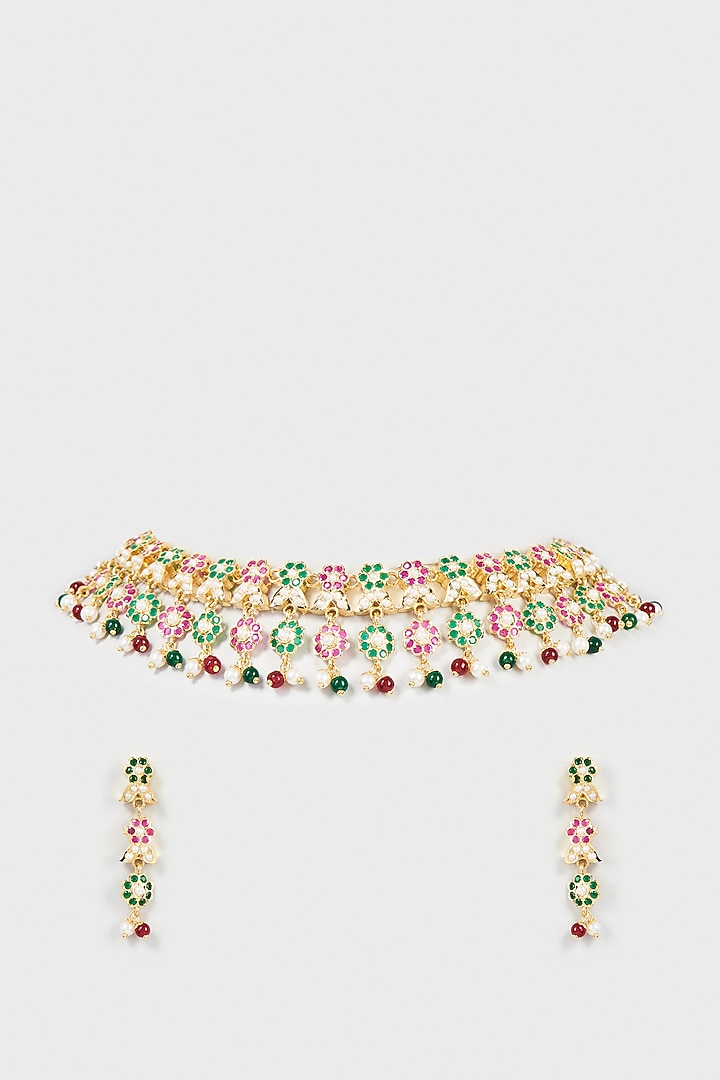 Gold Finish Kundan Polki & Pearl Choker Necklace Set by VASTRAA Jewellery at Pernia's Pop Up Shop