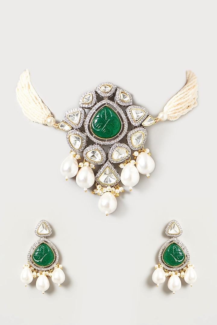 Two-Tone Finish Kundan Polki & Green Stone Choker Necklace Set by VASTRAA Jewellery at Pernia's Pop Up Shop