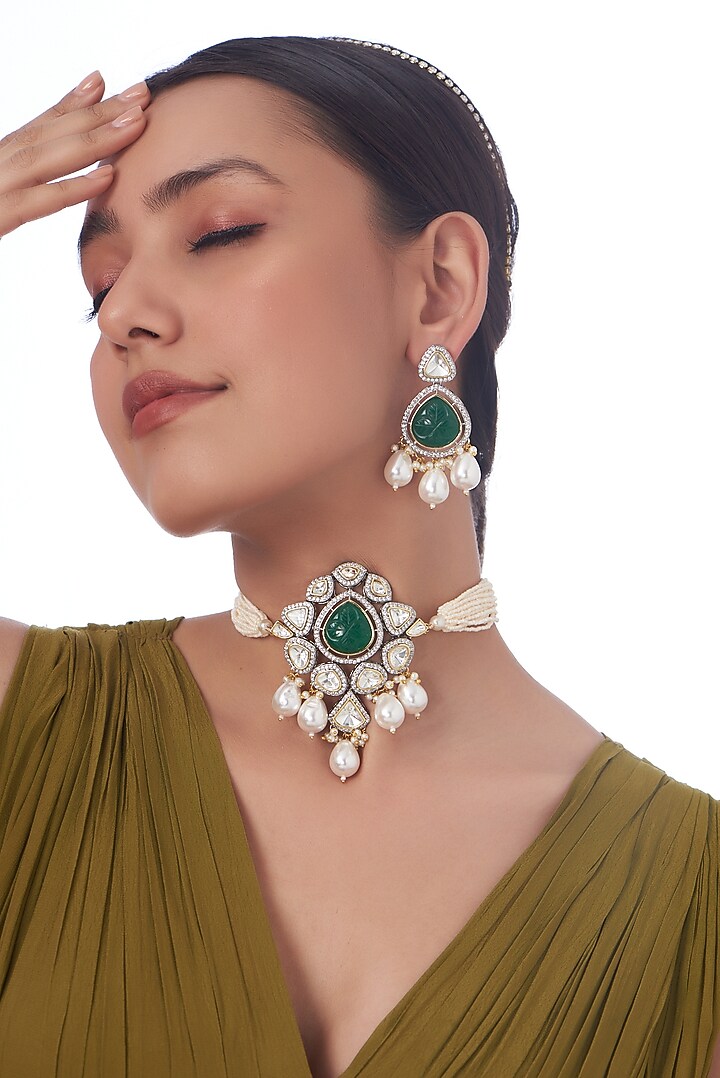 Two-Tone Finish Kundan Polki & Green Stone Choker Necklace Set by VASTRAA Jewellery at Pernia's Pop Up Shop