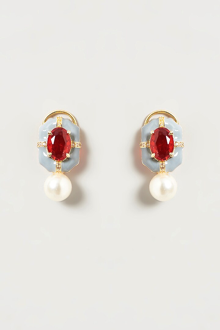 Gold Finish Kundan Polki & Ruby Synthetic Stone Stud Earrings by VASTRAA Jewellery at Pernia's Pop Up Shop