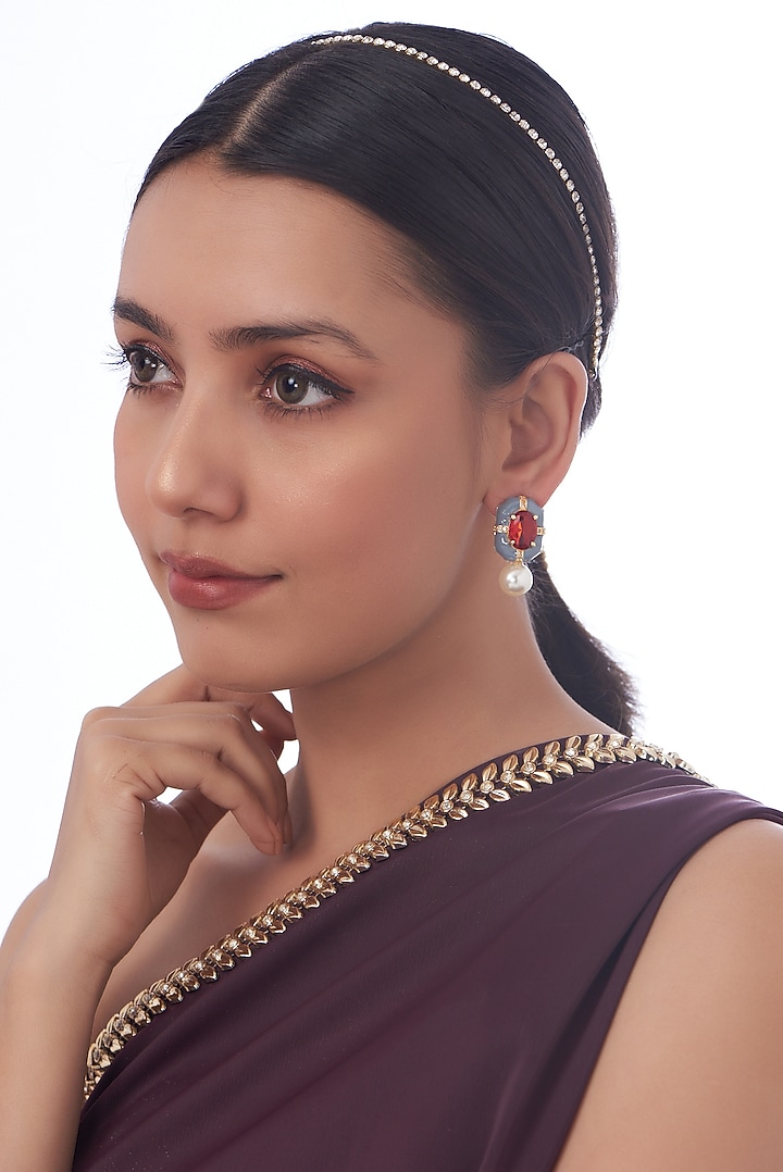 Gold Finish Kundan Polki & Ruby Synthetic Stone Stud Earrings by VASTRAA Jewellery at Pernia's Pop Up Shop