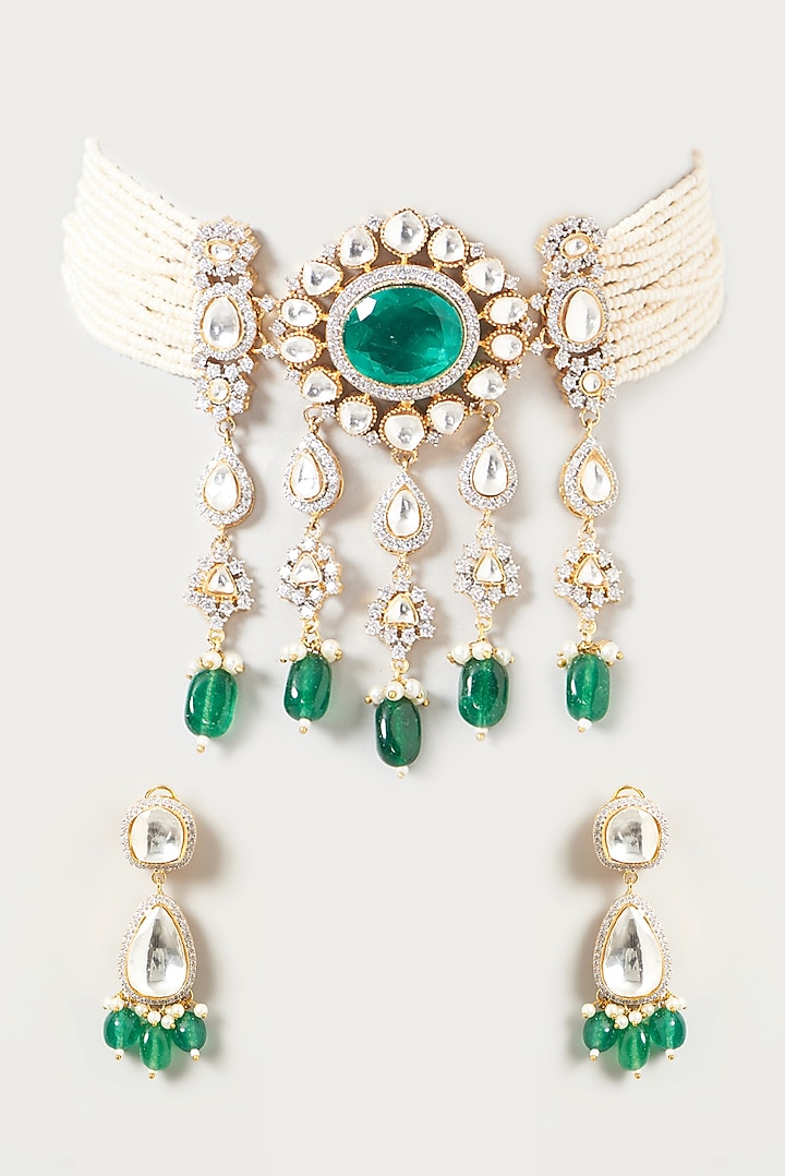 Gold Finish Kundan Polki & Green Stone Choker Necklace Set by VASTRAA Jewellery at Pernia's Pop Up Shop