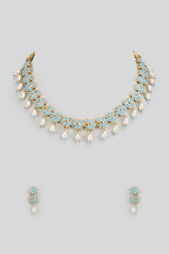 Gold Finish Kundan Polki & Synthetic Stone Necklace Set by VASTRAA Jewellery at Pernia's Pop Up Shop