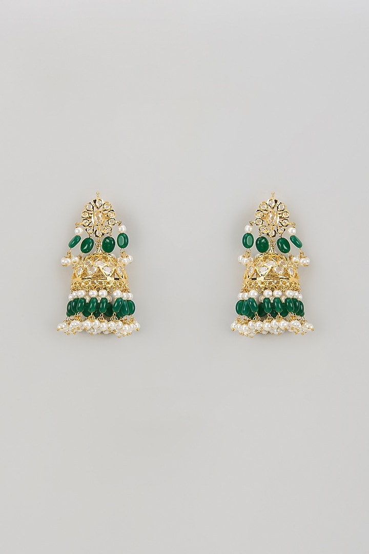 Gold Finish Kundan Polki & Emerald Synthetic Stone Jhumka Earrings by VASTRAA Jewellery at Pernia's Pop Up Shop