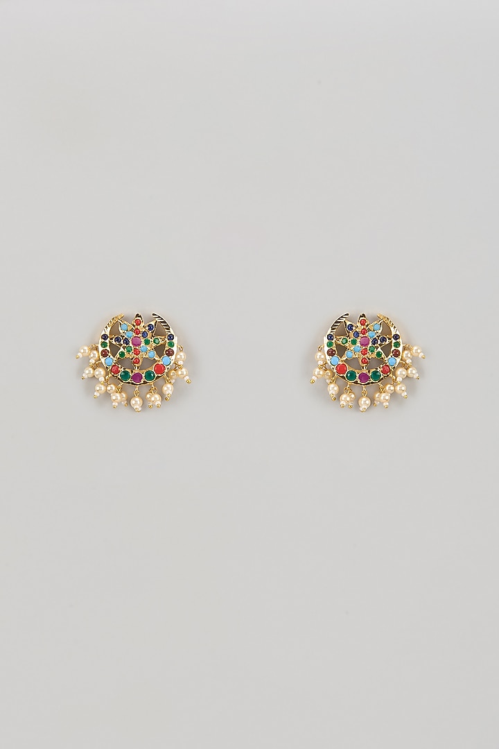Gold Finish Kundan Polki Stud Earrings by VASTRAA Jewellery at Pernia's Pop Up Shop
