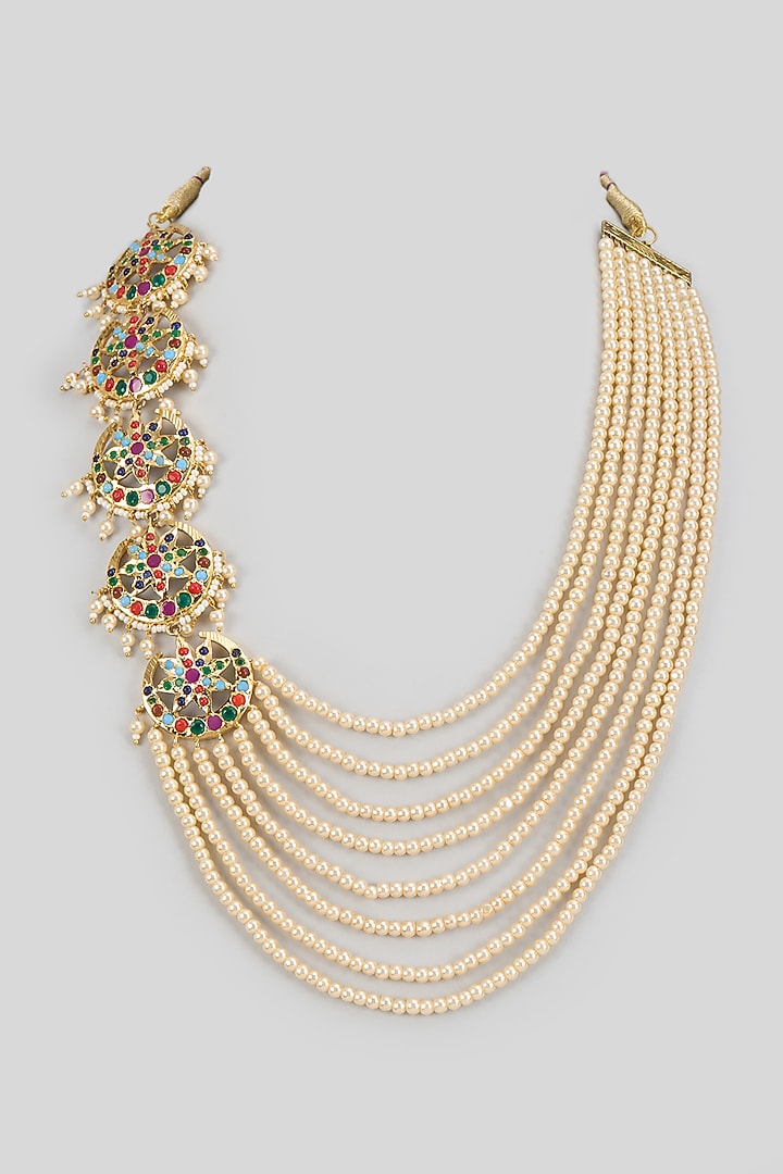 Gold Finish Kundan Polki Layered Necklace by VASTRAA Jewellery at Pernia's Pop Up Shop