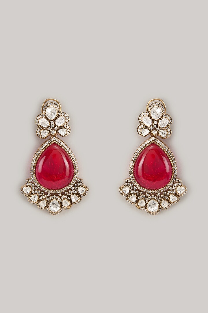 Gold Finish Kundan Polki & Red Stone Dangler Earrings by VASTRAA Jewellery at Pernia's Pop Up Shop