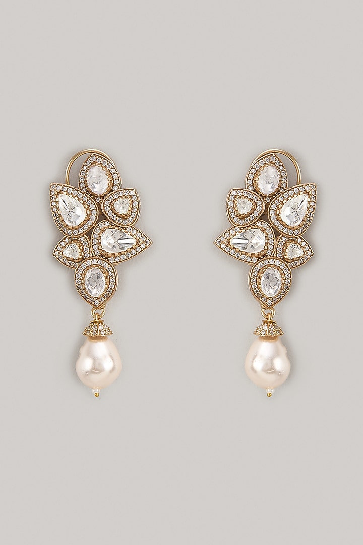 Gold Finish Kundan Polki Dangler Earrings by VASTRAA Jewellery at Pernia's Pop Up Shop