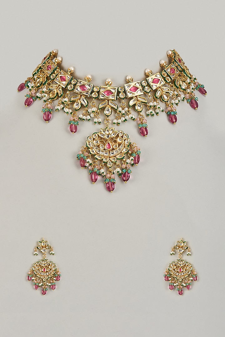 Gold Finish Kundan Polki & Red Stone Choker Necklace Set by VASTRAA Jewellery at Pernia's Pop Up Shop