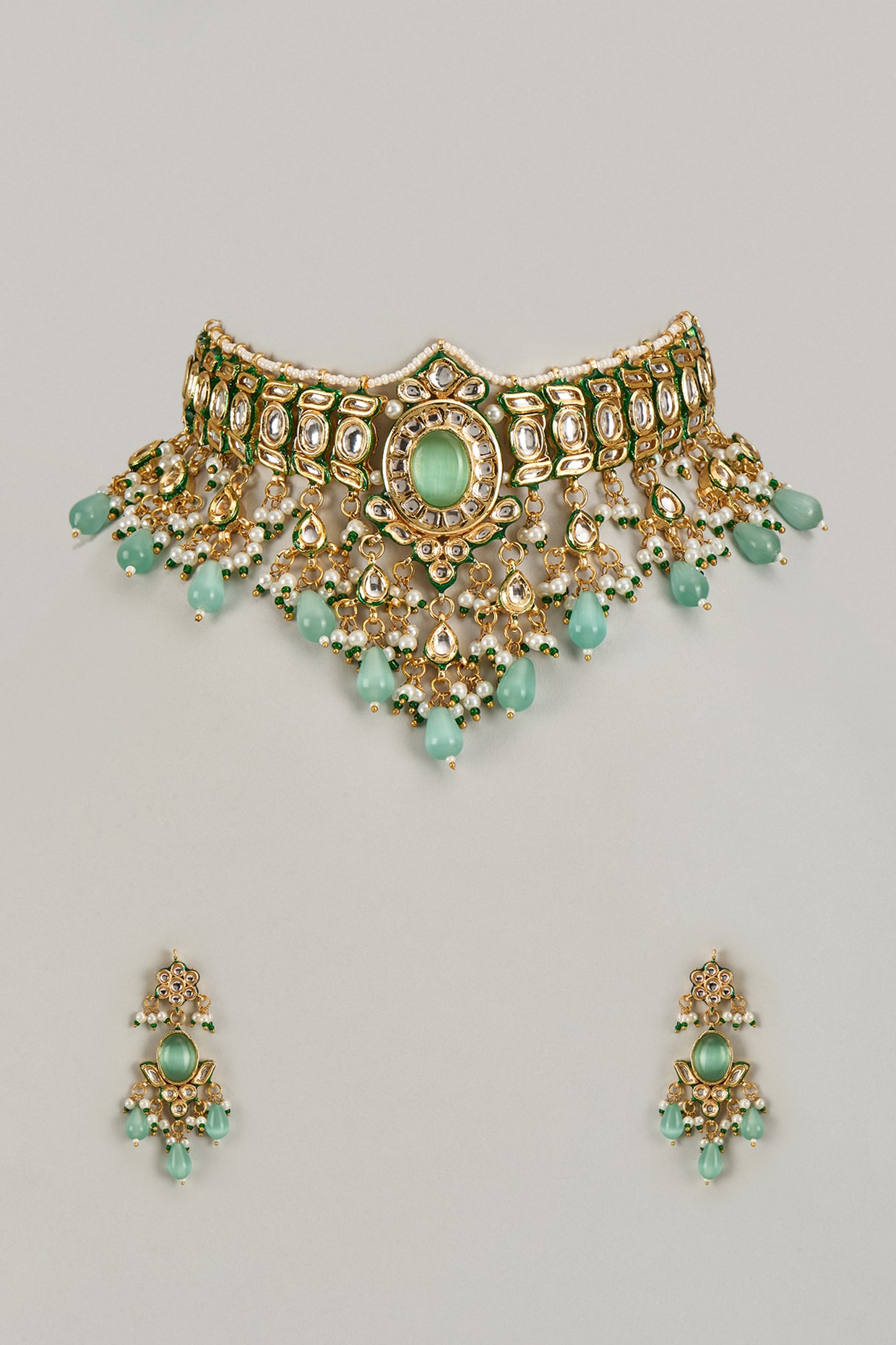 Golden Crème  and Green  Kundan Polki, Agates, Necklace.