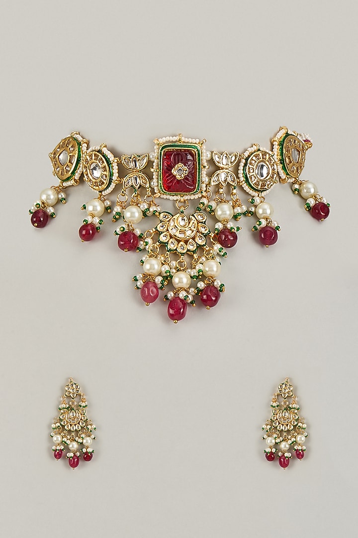 Gold Finish Kundan Polki & Ruby Synthetic Stone Choker Necklace Set by VASTRAA Jewellery at Pernia's Pop Up Shop