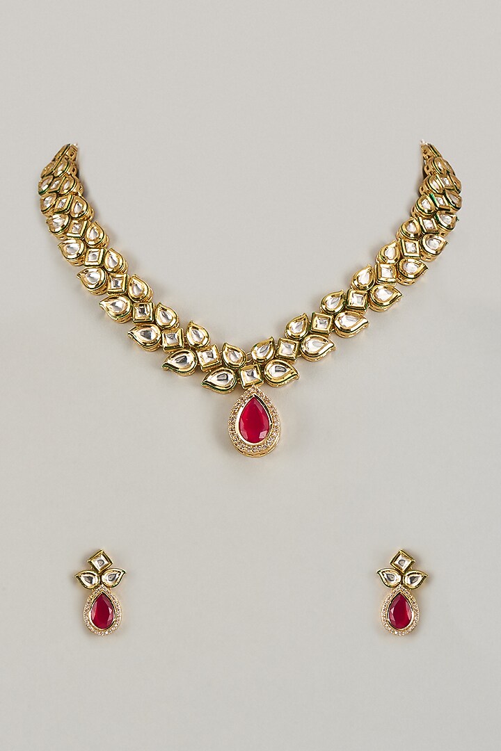 Gold Finish Kundan Polki & Ruby Synthetic Stone Necklace Set by VASTRAA Jewellery at Pernia's Pop Up Shop